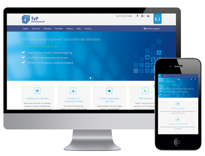 Afbeelding van een Mac scherm en iPhone met daarin de website van TvP Automatisering